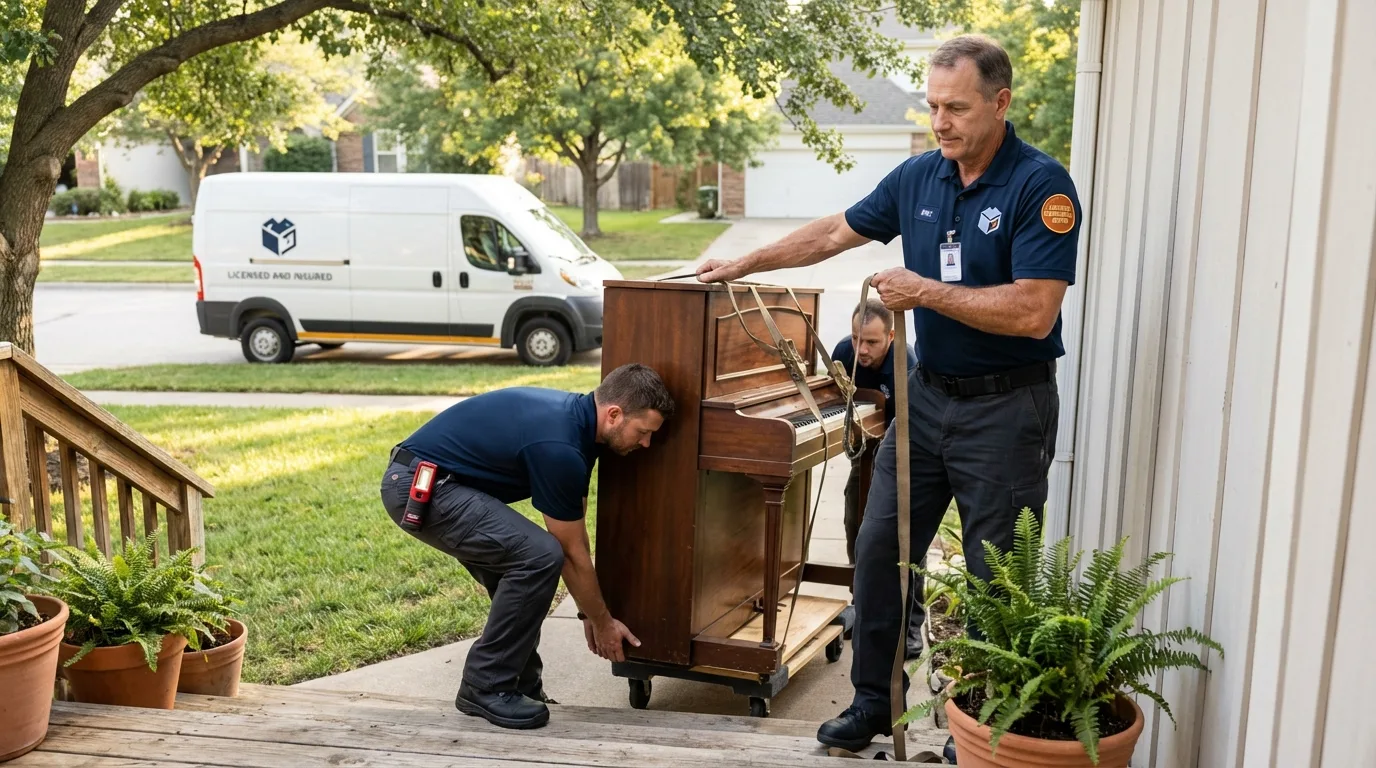 Licensed piano movers securing grand piano in Rossville, IN