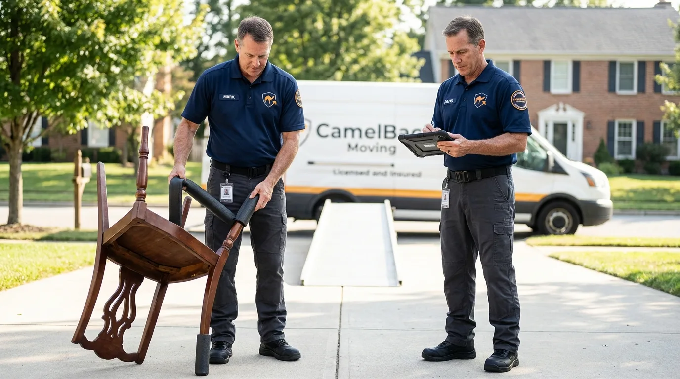 Movers inspecting furniture for damage prevention before loading in Rossville, IN
