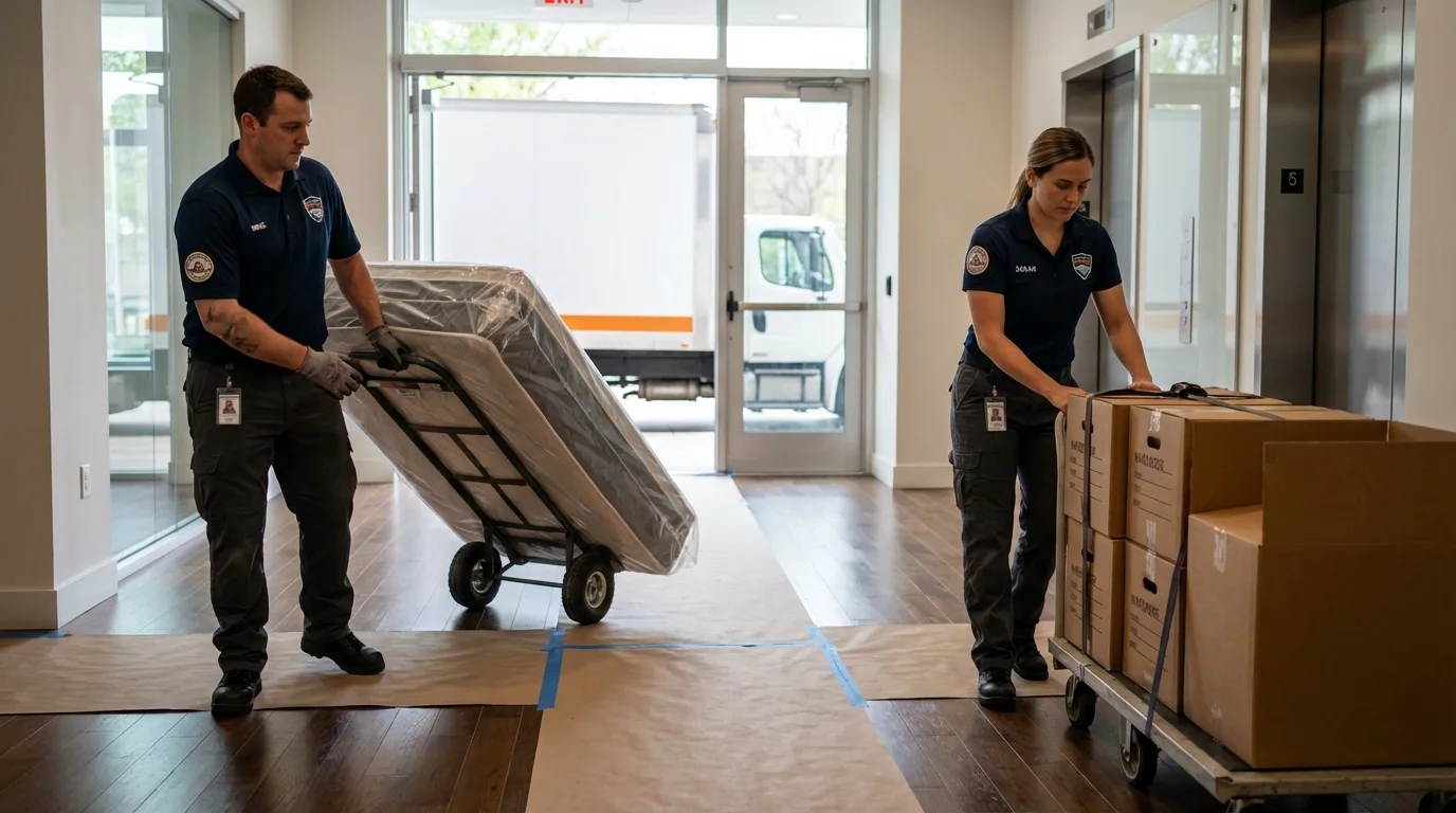 Professional apartment movers loading elevator in Rossville, IN